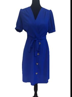 Monteau Blue Solid Puff Short Sleeve Round Neck Button Front Belted Dress S